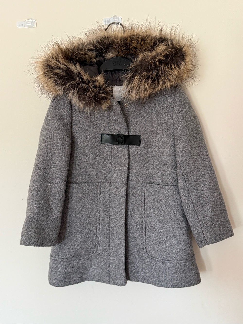 Zara premium Girls' Gray Wool Blend Hooded Coat with Faux Fur Trim